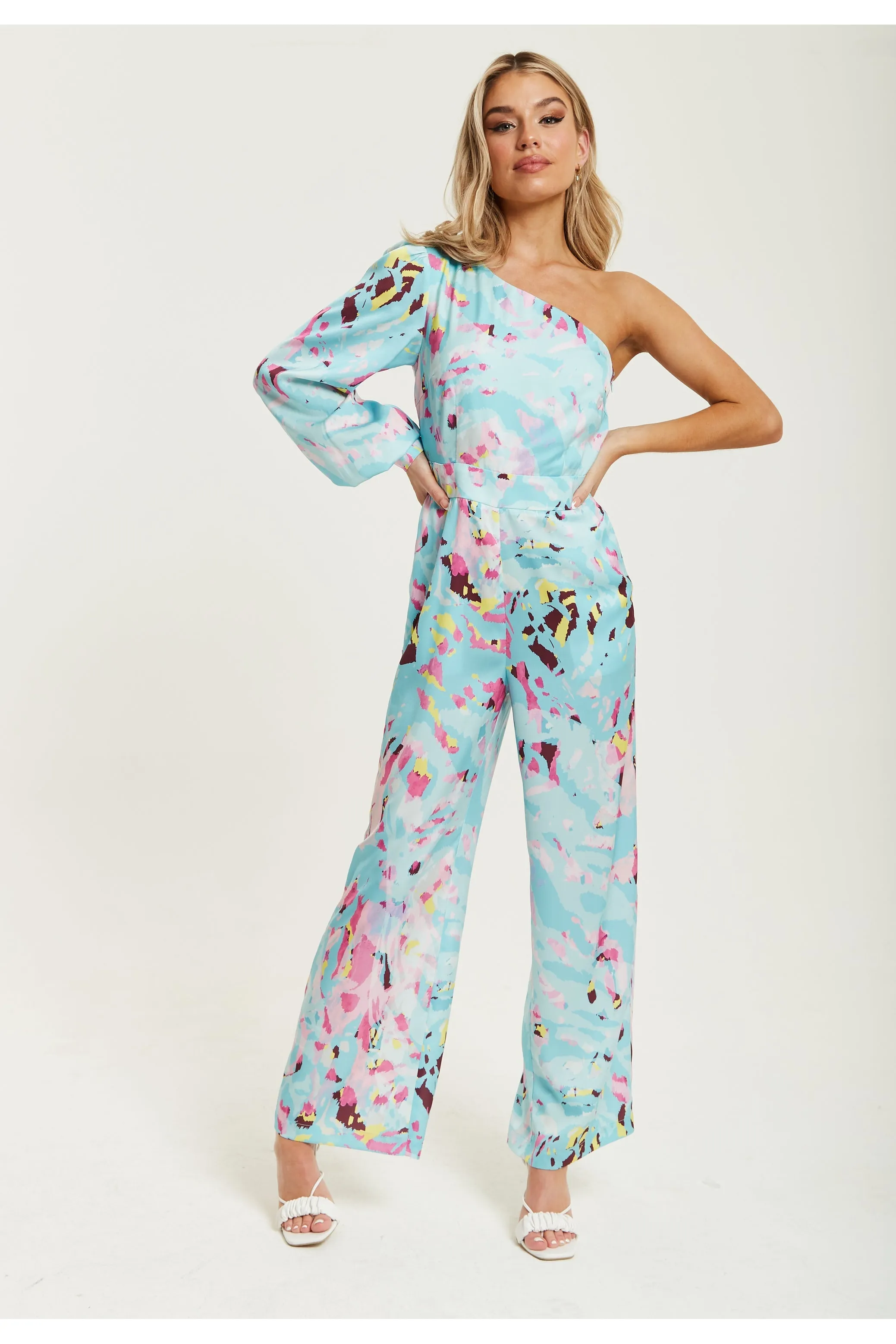 Blue Abstract Print One Shoulder Jumpsuit by Liquorish sold by Goddiva product image thumbnail 2
