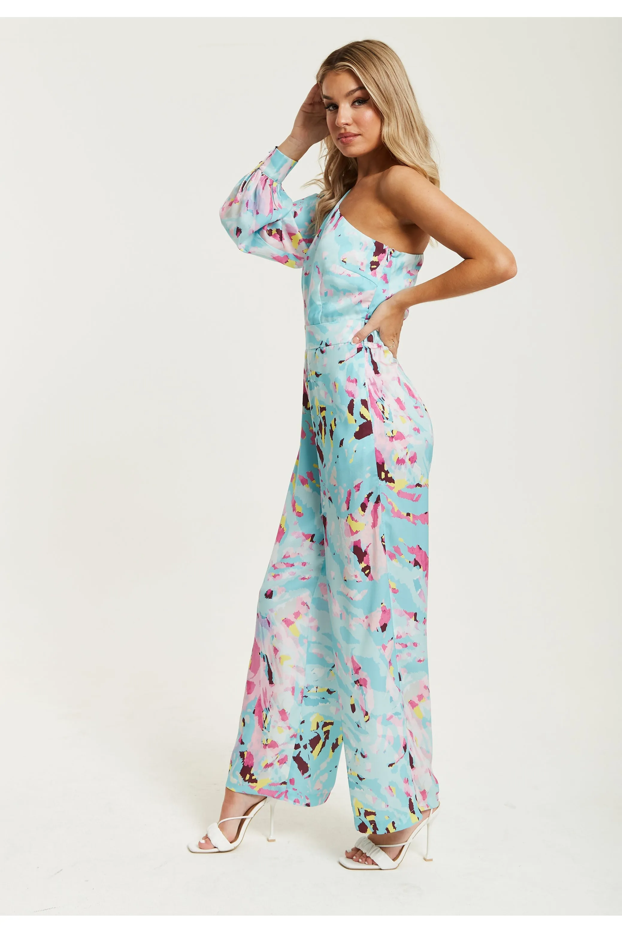 Blue Abstract Print One Shoulder Jumpsuit by Liquorish sold by Goddiva product image thumbnail 5