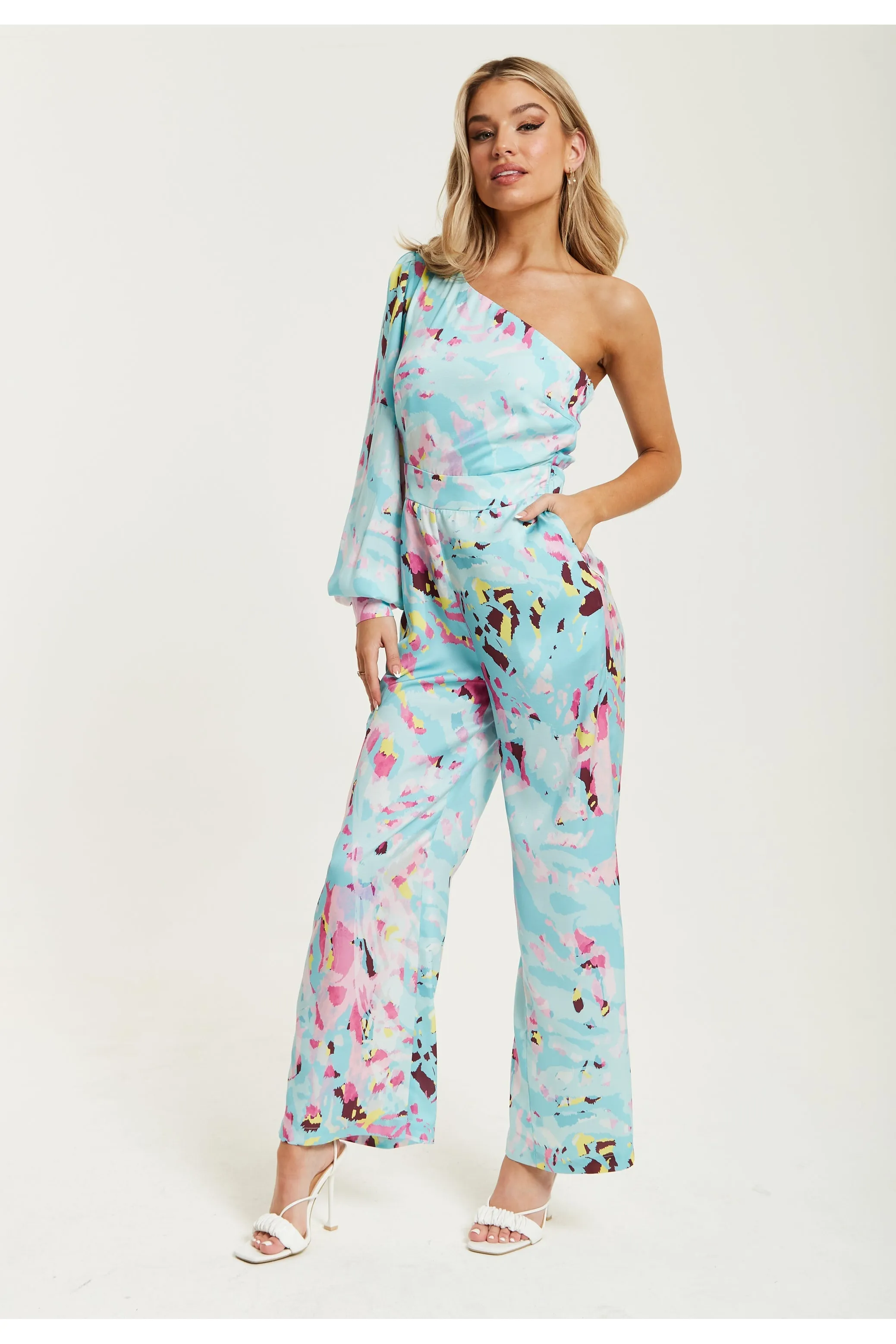 Blue Abstract Print One Shoulder Jumpsuit by Liquorish sold by Goddiva product image thumbnail 3