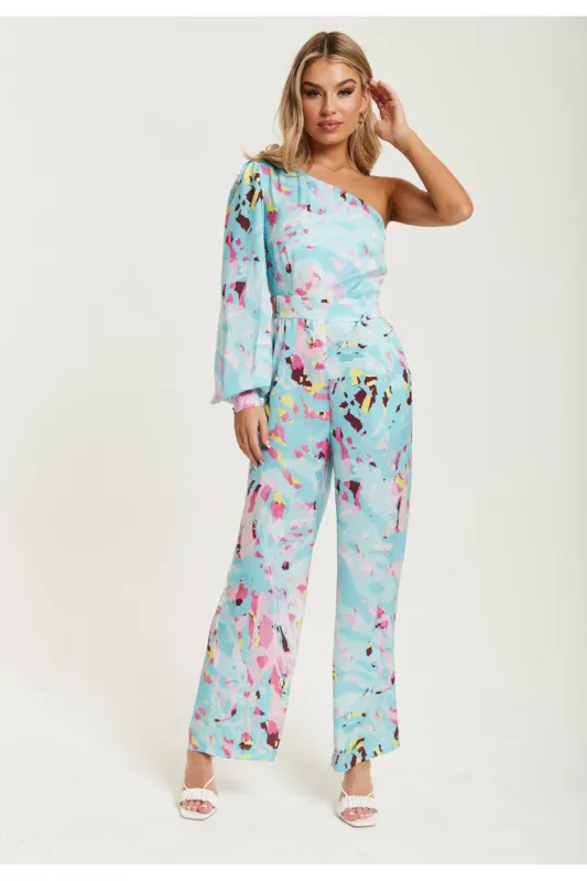Blue Abstract Print One Shoulder Jumpsuit by Liquorish sold by Goddiva