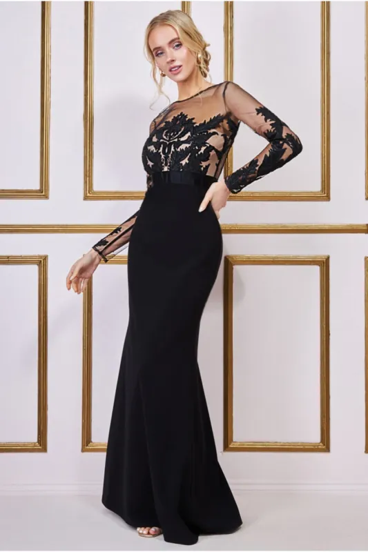Goddiva Embroidered Mesh & Scuba Maxi - Black sold by Goddiva
