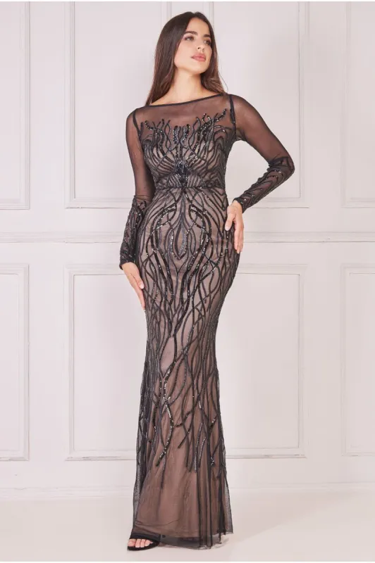 Long Sleeve Sequin Flame Maxi - Solid Black by Goddiva sold by Goddiva