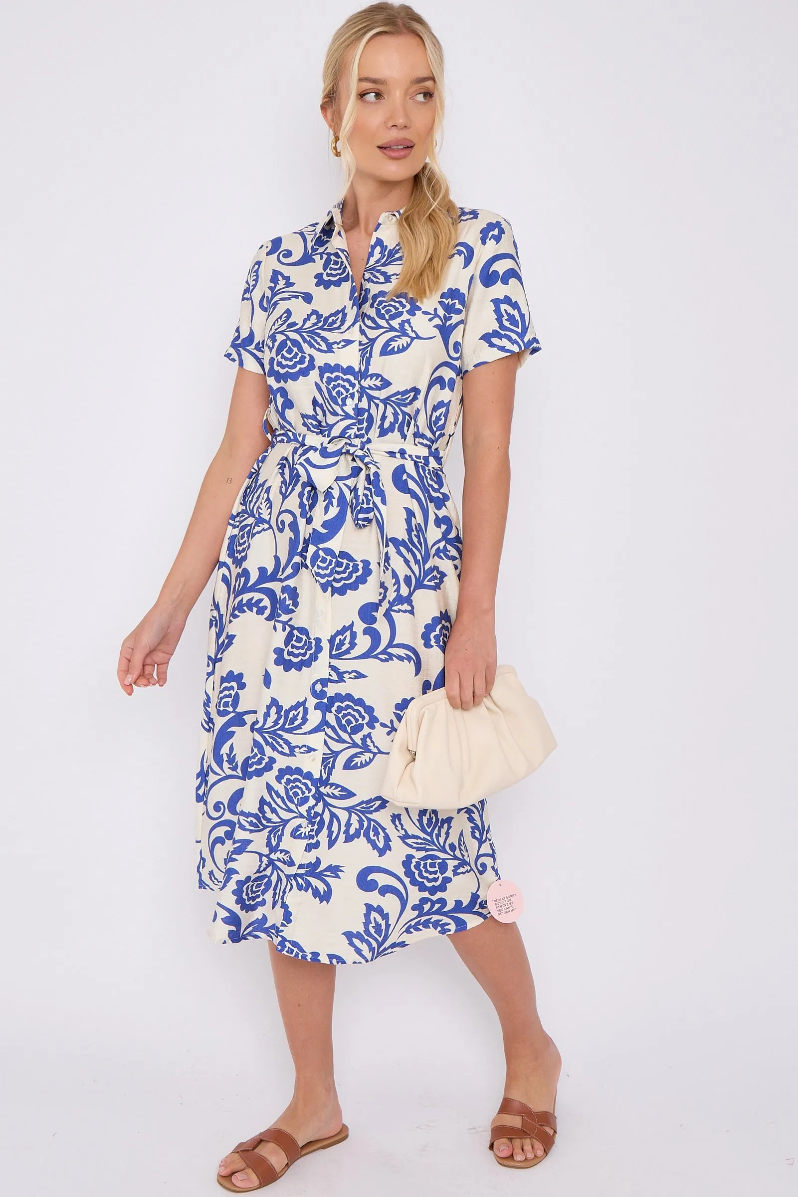 LOVE SUNSHINE Blue Floral Print Short Sleeve Midi Shirt Dress sold by Goddiva product image thumbnail 2