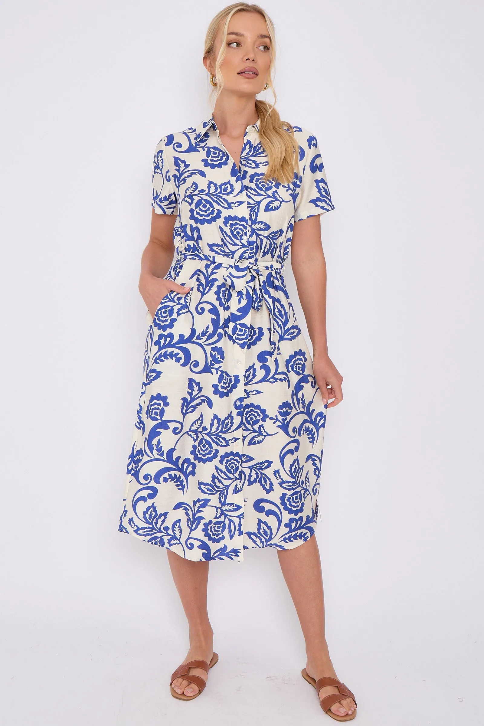LOVE SUNSHINE Blue Floral Print Short Sleeve Midi Shirt Dress sold by Goddiva product image thumbnail 3