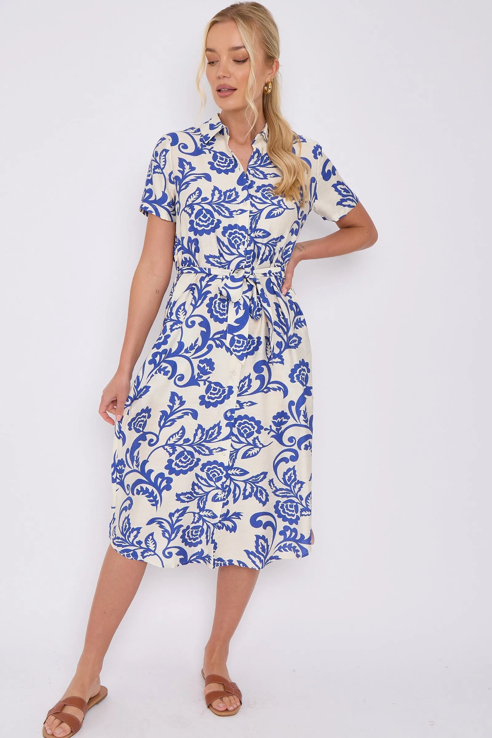 LOVE SUNSHINE Blue Floral Print Short Sleeve Midi Shirt Dress sold by Goddiva product image thumbnail 4