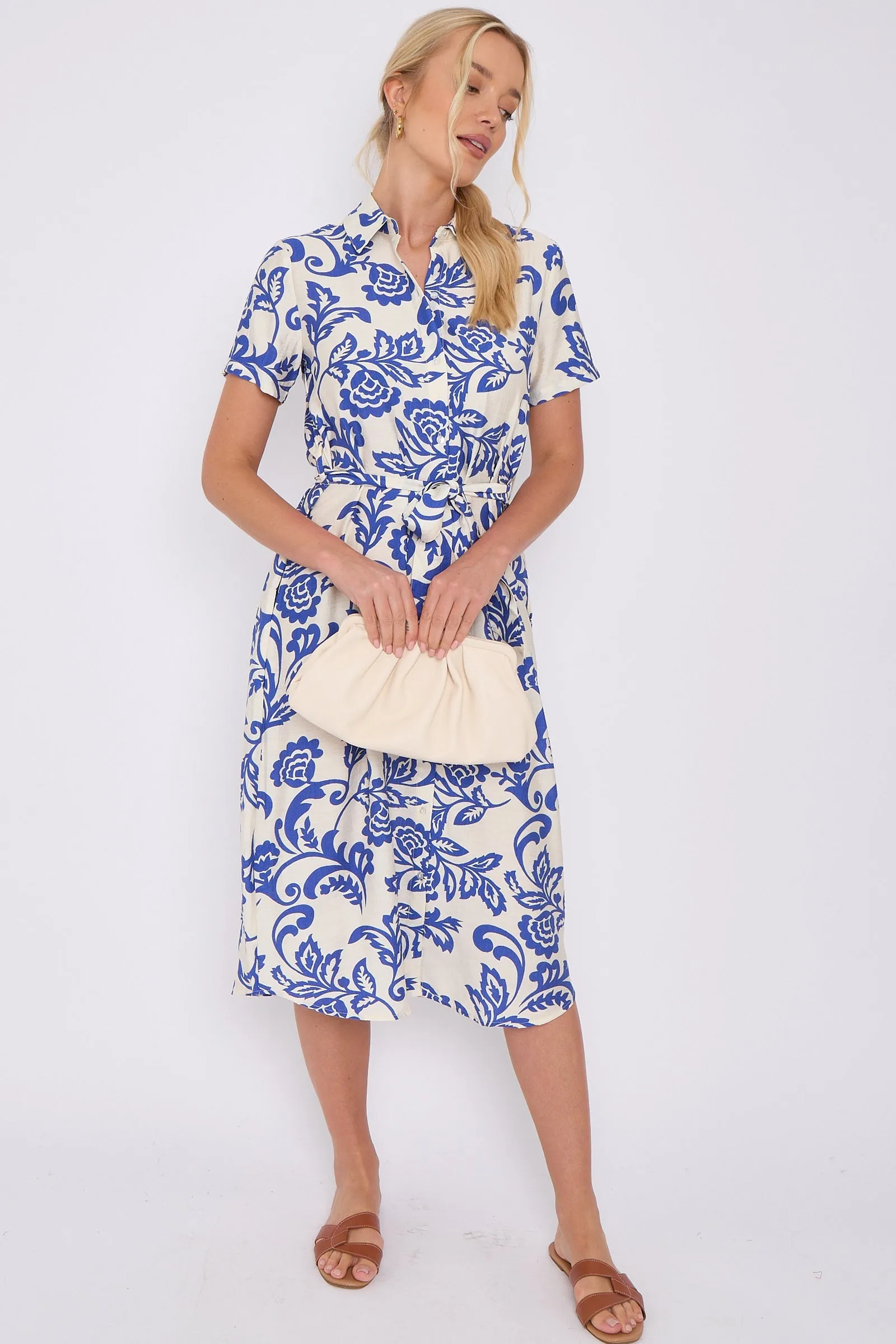 LOVE SUNSHINE Blue Floral Print Short Sleeve Midi Shirt Dress sold by Goddiva