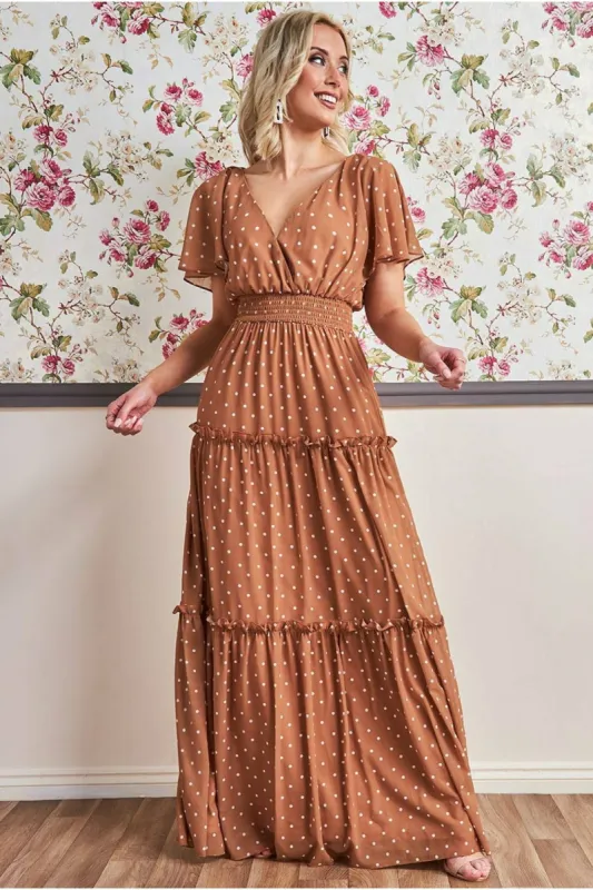Goddiva Polka Dot Tiered Chiffon Maxi Dress - Brown sold by Goddiva