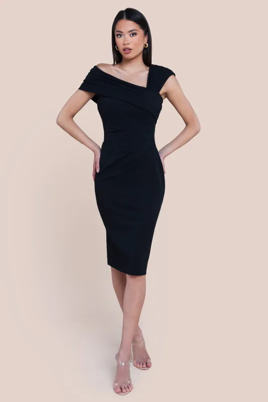 Scuba Crepe Pleated Drop Shoulder Midi Dress - Black by Goddiva sold by Goddiva