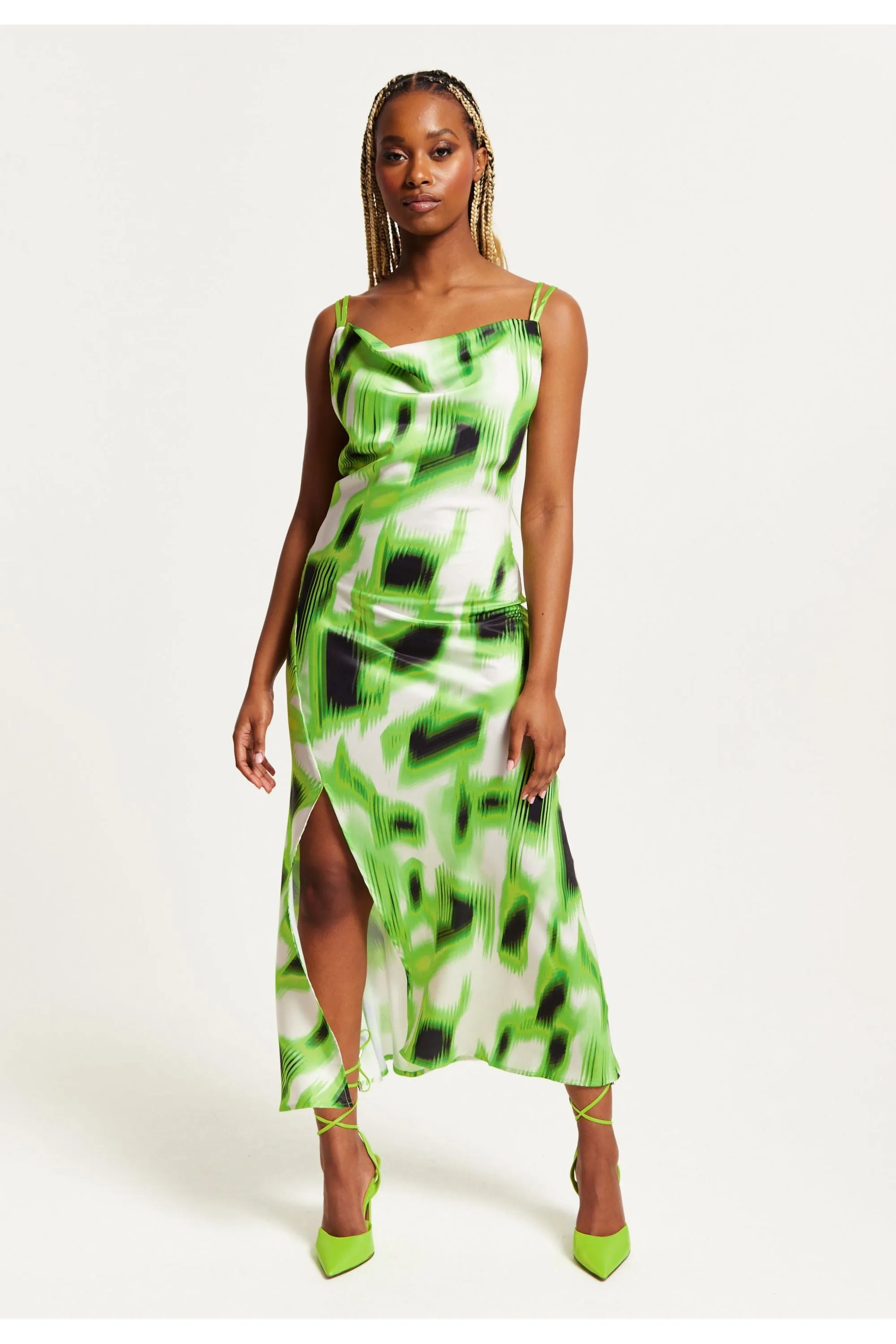 Green And Black Abstract Print Cowl Neck Midi Dress by Liquorish sold by Goddiva product image thumbnail 2