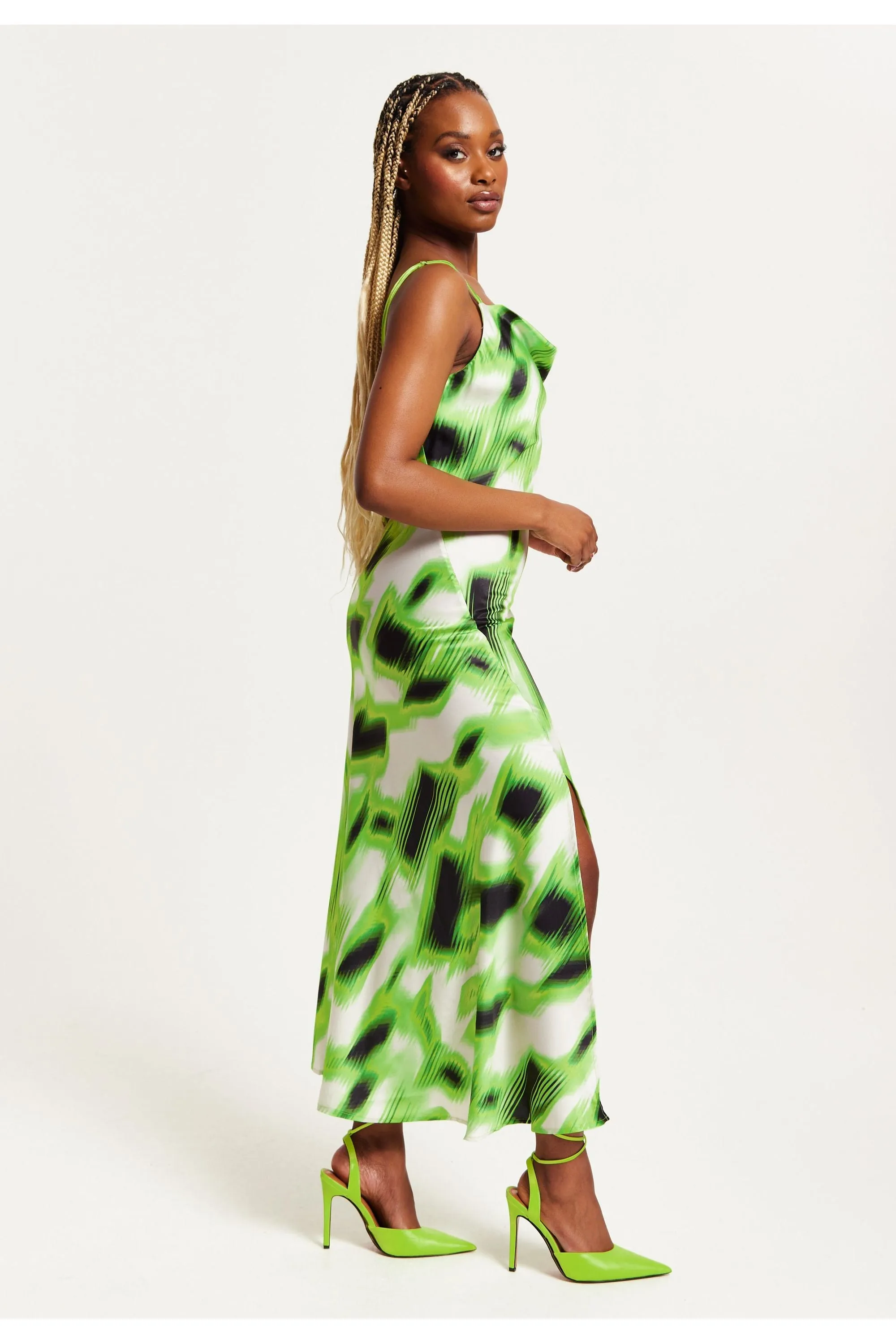 Green And Black Abstract Print Cowl Neck Midi Dress by Liquorish sold by Goddiva product image thumbnail 3