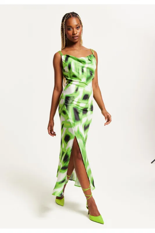 Green And Black Abstract Print Cowl Neck Midi Dress by Liquorish sold by Goddiva