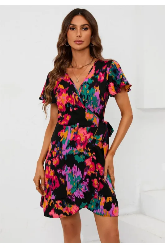 FS Collection Multi Colour Printed Mini Wrap Dress In Black sold by Goddiva