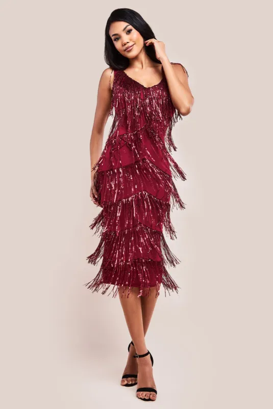 Sequin Tassel Flapper Midi Dress - Wine by Goddiva sold by Goddiva