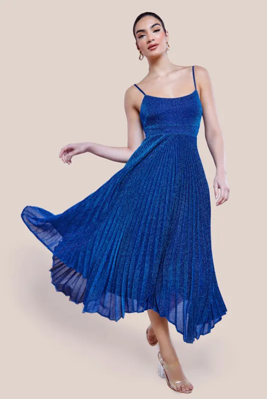Tie Back Pleated Lurex Skater Midi Dress - Royal Blue by Goddiva sold by Goddiva
