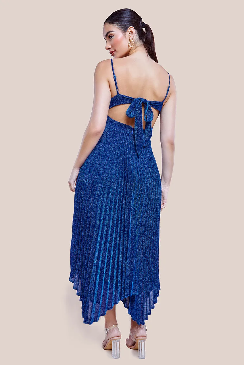 Tie Back Pleated Lurex Skater Midi Dress - Royal Blue by Goddiva sold by Goddiva product image thumbnail 2