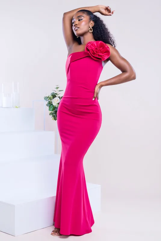 Satin Corsage Scuba Crepe Maxi Dress - Magenta by Goddiva sold by Goddiva