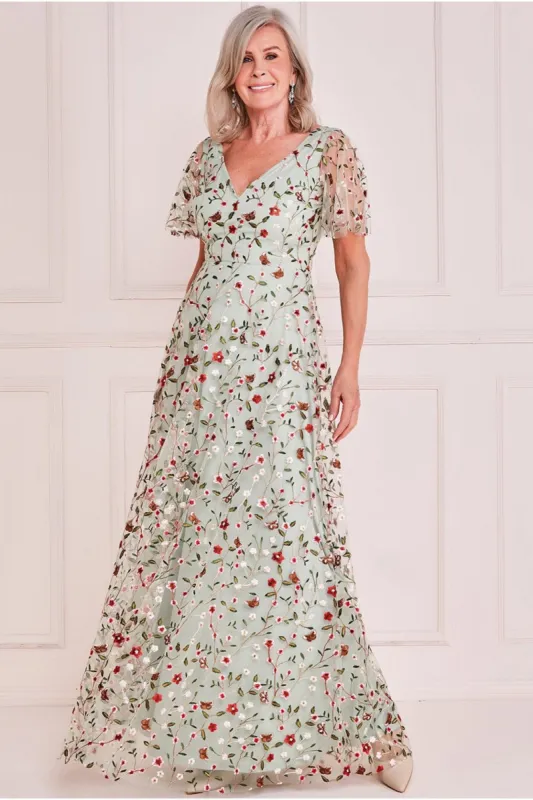 Short Sleeve Embroidered Floral Maxi - Sage Green by Goddiva sold by Goddiva