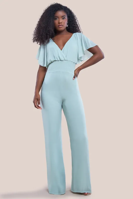 Chiffon Jumpsuit With Flutter Sleeves - Sage Green by Goddiva sold by Goddiva