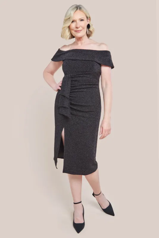 Lurex Bardot Midi Dress With Waterfall Ruffle - Black by Goddiva sold by Goddiva