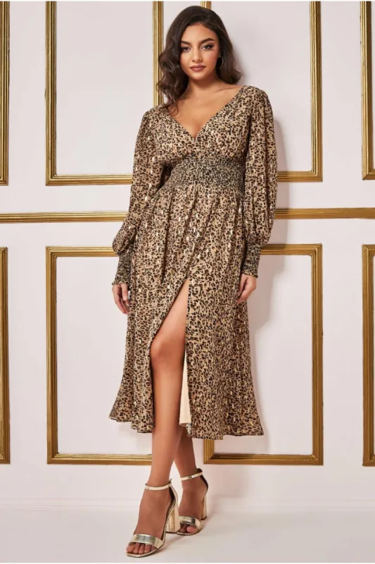 Long Sleeve Midi Shirred Waistband - Animal Print by Goddiva sold by Goddiva