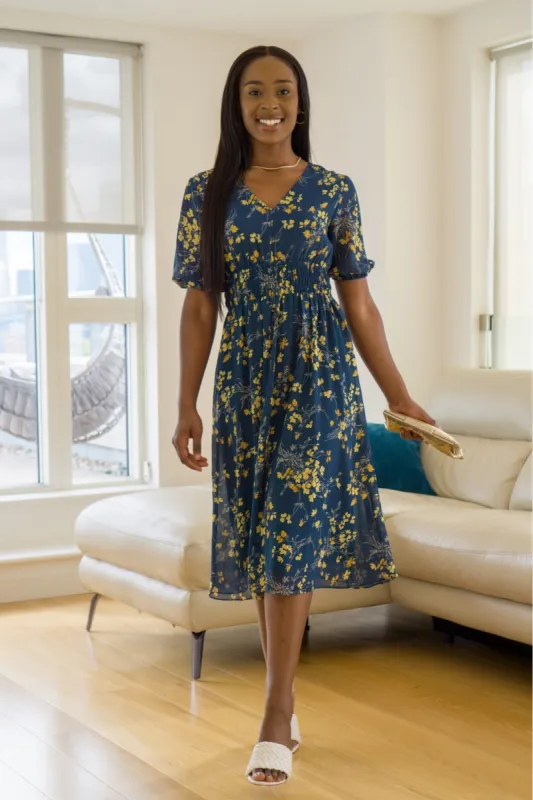 Double Second Chiffon V-neck Shirred Waist Dress sold by Goddiva