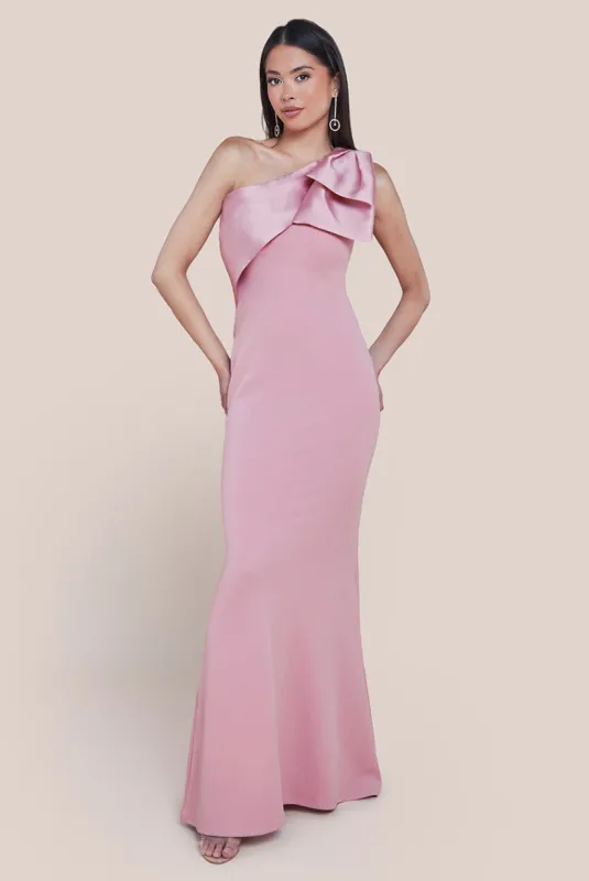 One Shoulder Satin Bow Scuba Crepe Maxi Dress - Blush by Goddiva sold by Goddiva