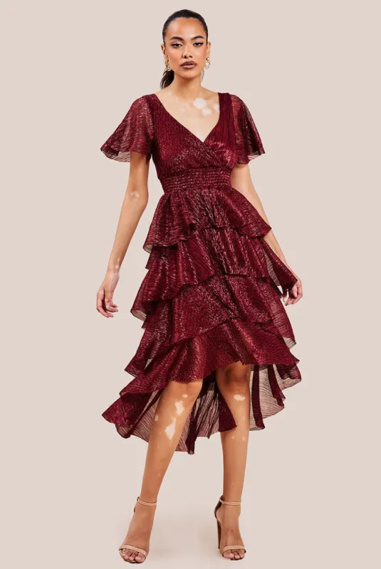 Crinkle Lurex High Low Layered Midi Dress - Wine by Goddiva sold by Goddiva