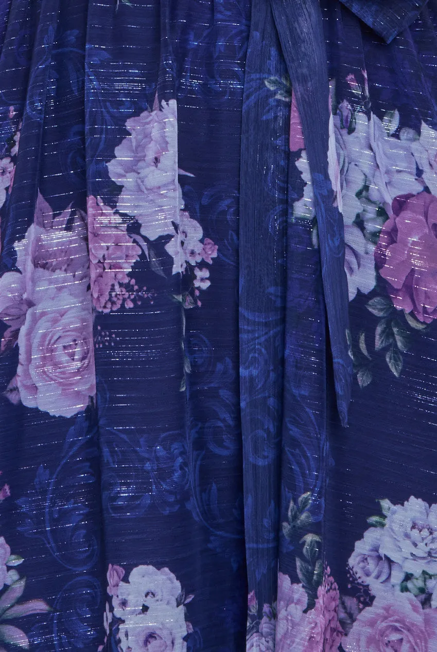 Goddiva Printed Lurex A-Line Flutter Sleeve Midi Dress - Navy sold by Goddiva product image thumbnail 5