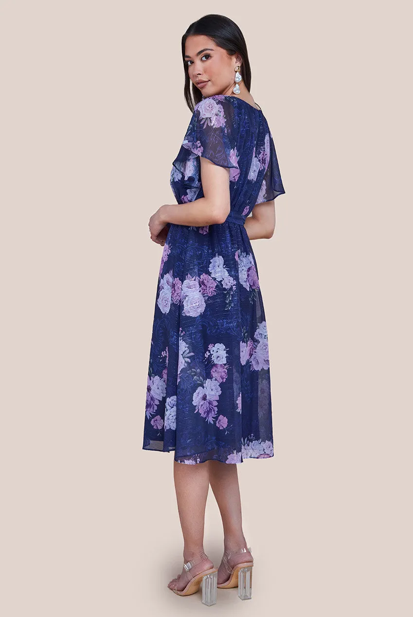 Goddiva Printed Lurex A-Line Flutter Sleeve Midi Dress - Navy sold by Goddiva product image thumbnail 2
