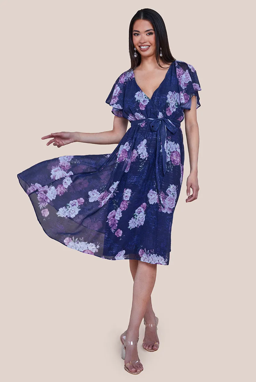 Goddiva Printed Lurex A-Line Flutter Sleeve Midi Dress - Navy sold by Goddiva product image thumbnail 3