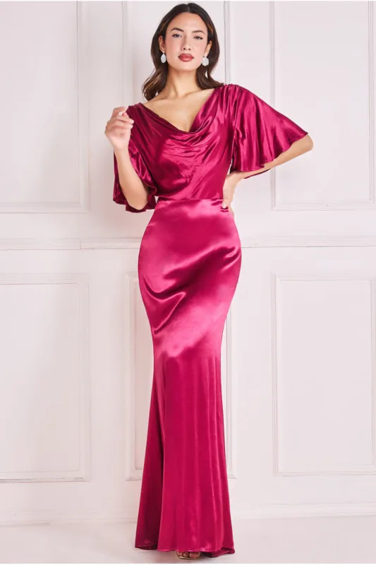 Satin Viscose Cowl Neck Maxi With Train - Burgundy by Goddiva sold by Goddiva
