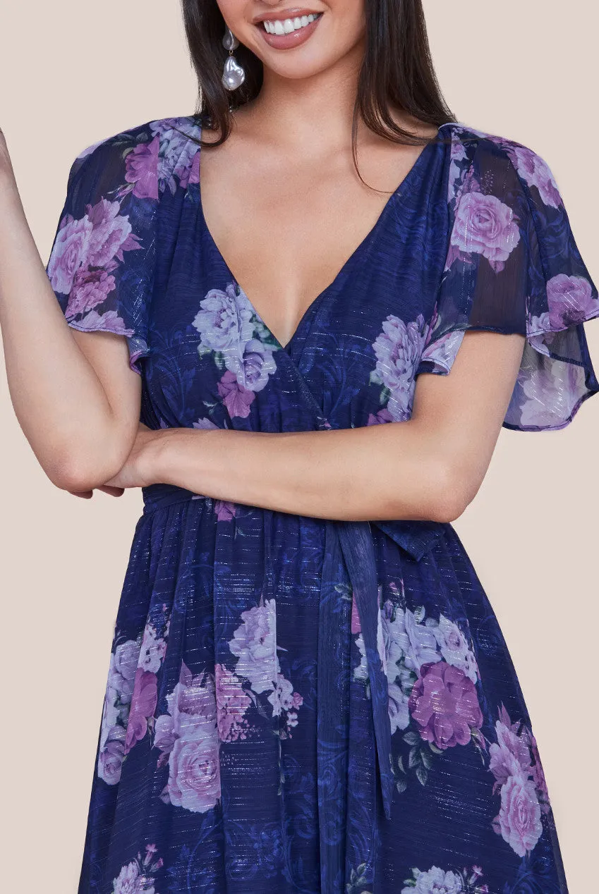 Goddiva Printed Lurex A-Line Flutter Sleeve Midi Dress - Navy sold by Goddiva product image thumbnail 4