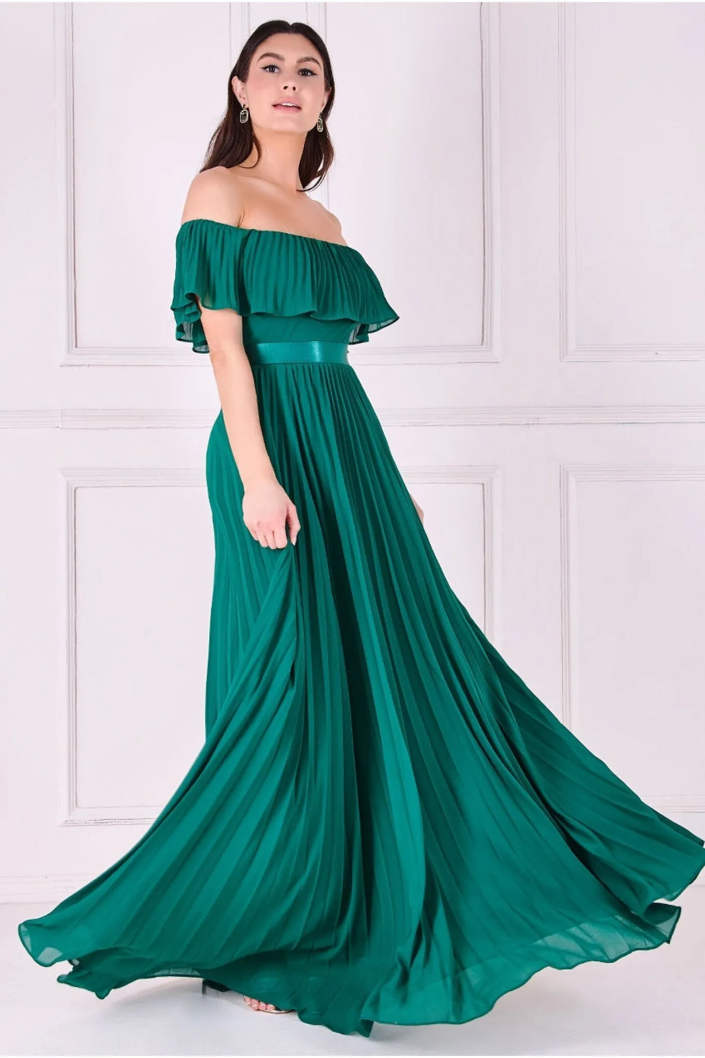 Goddiva Pleated Chiffon Off Shoulder Maxi Dress - Green sold by Goddiva