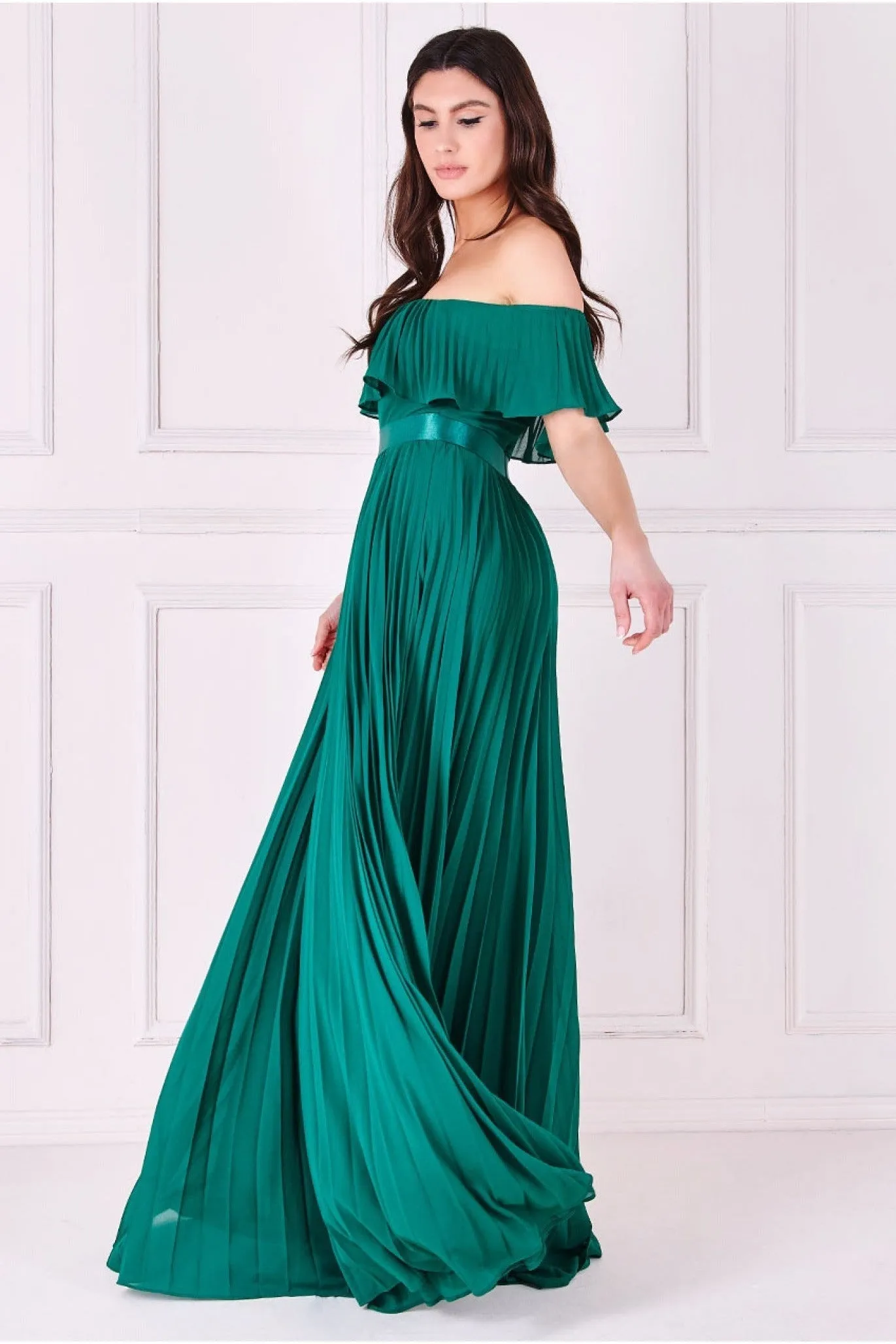 Goddiva Pleated Chiffon Off Shoulder Maxi Dress - Green sold by Goddiva product image thumbnail 2