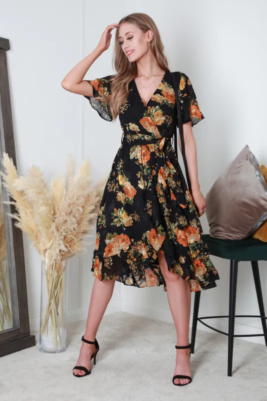 Double Second Black Orange Printed Dobby Midi Wrap Dress sold by Goddiva
