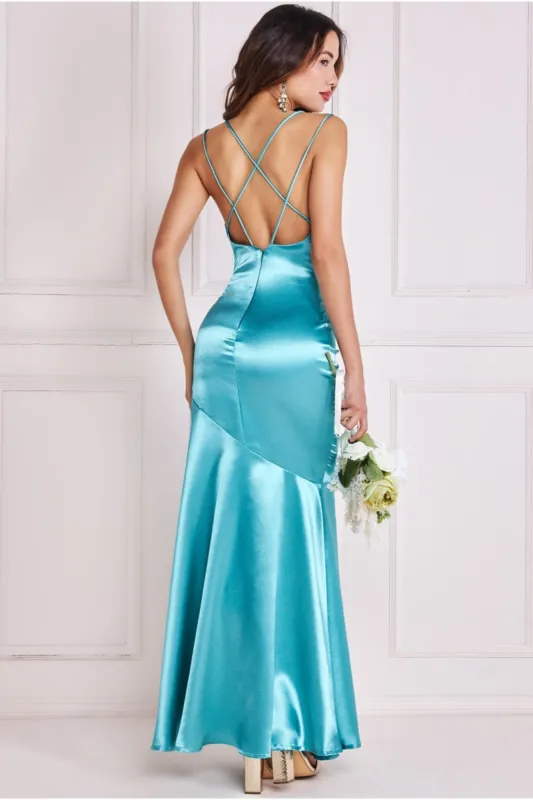 Satin Cowl Neck With Strappy Back Maxi - Aqua by Goddiva sold by Goddiva