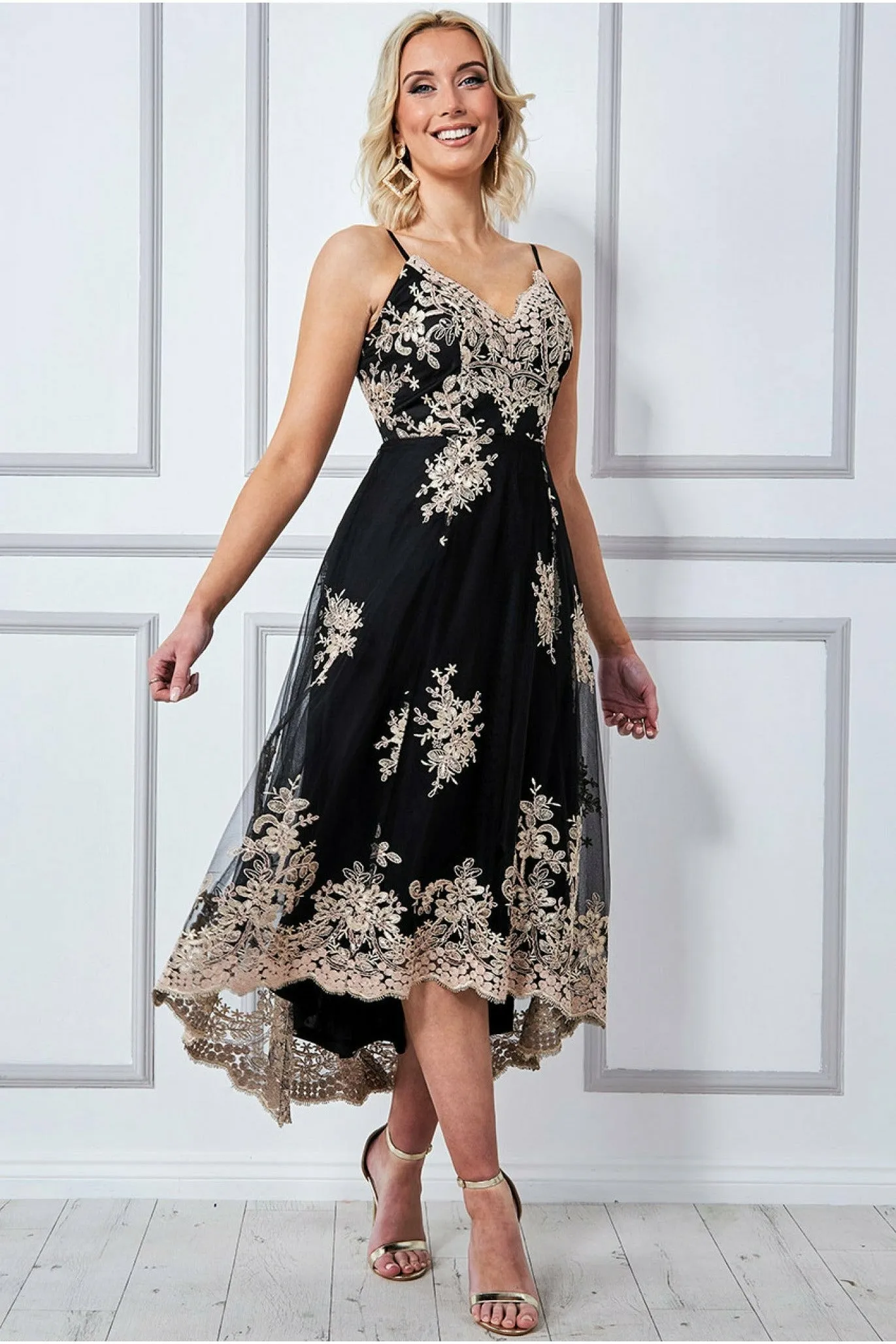 Goddiva High Low Scalloped Midi Dress - Black sold by Goddiva