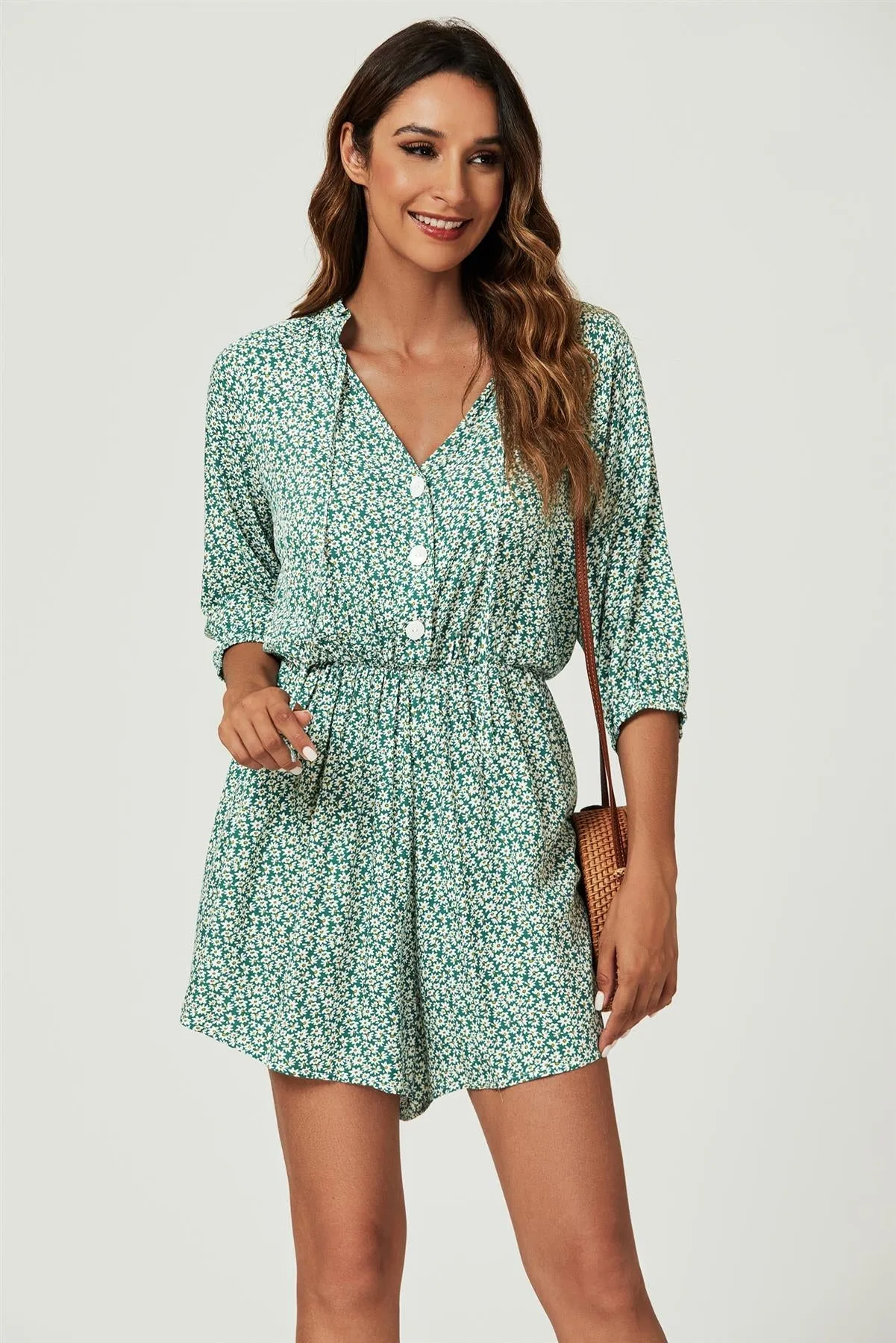 FS Collection Daisy Floral Print Boho Playsuit With Buttons In Green sold by Goddiva product image thumbnail 5