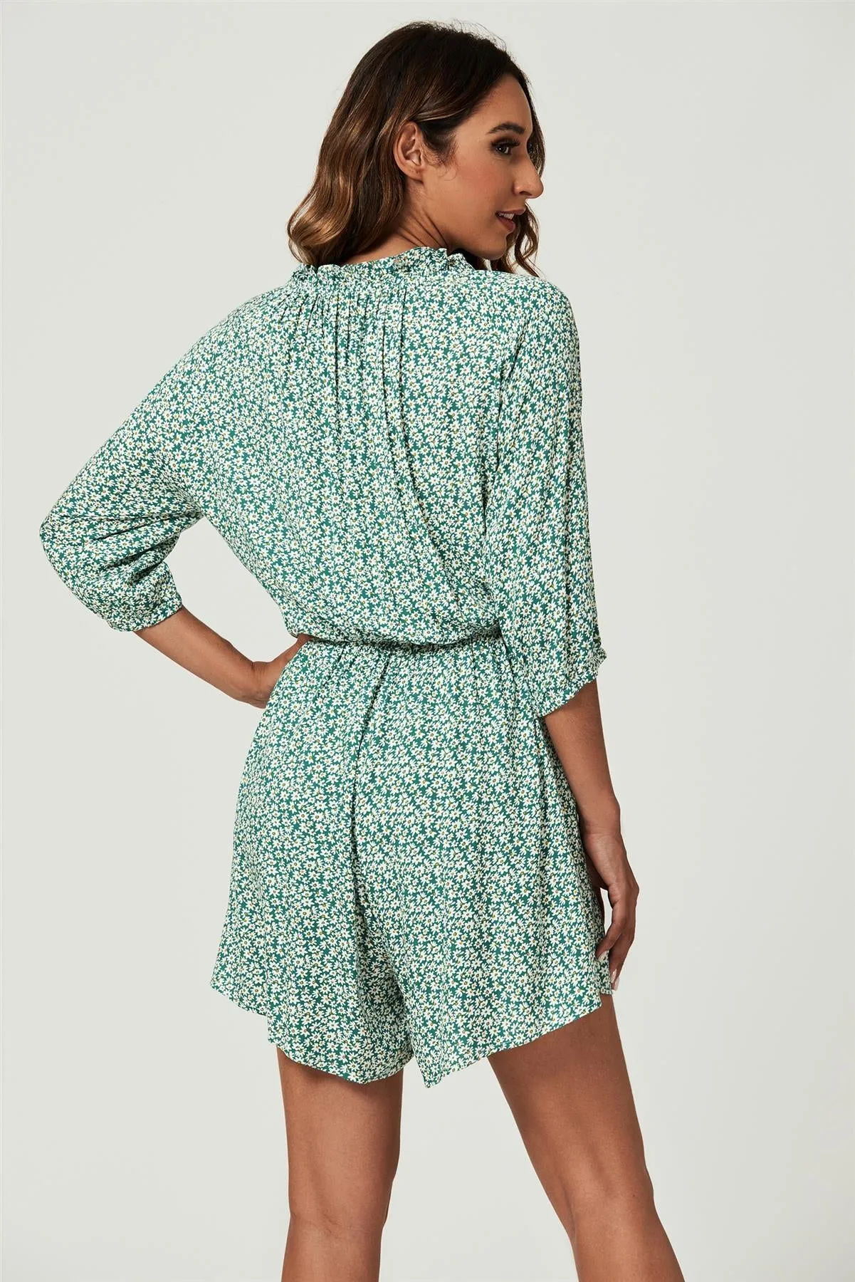 FS Collection Daisy Floral Print Boho Playsuit With Buttons In Green sold by Goddiva product image thumbnail 2
