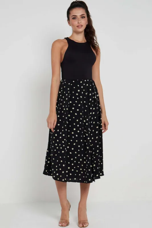 LOVE SUNSHINE Black Daisy Printed Side Slit Pleated Midi Skirt sold by Goddiva