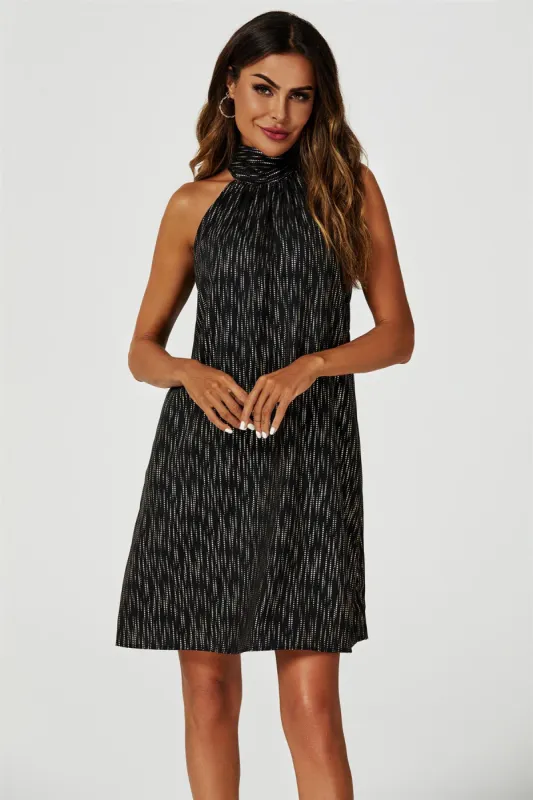 Gold Foil Halter Neck Tie Back Mini Dress In Black by FS Collection sold by Goddiva