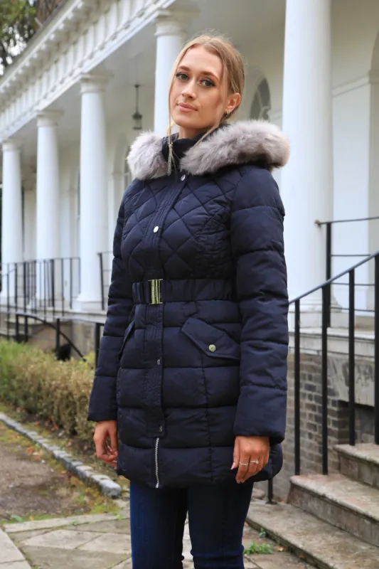 Navy Quilted Longline Puffer by Double Second sold by Goddiva