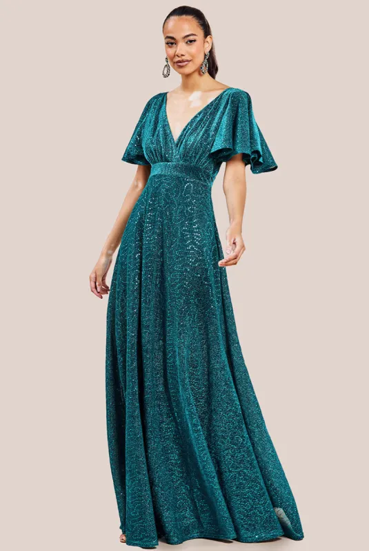 Sequin Lurex Flutter Sleeve Maxi Dress - Tealblue by Goddiva sold by Goddiva