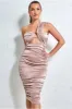 Ring Detail One Shoulder Ruched Midi - Champagne by Goddiva sold by Goddiva