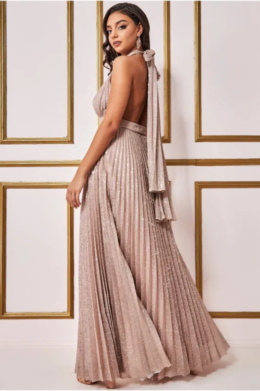 Goddiva Plunge Halterneck Sequin Lurex Maxi - Champagne sold by Goddiva