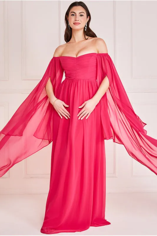 Chiffon Off The Shoulder Maxi With Cape Sleeves  - Hot Pink by Goddiva sold by Goddiva