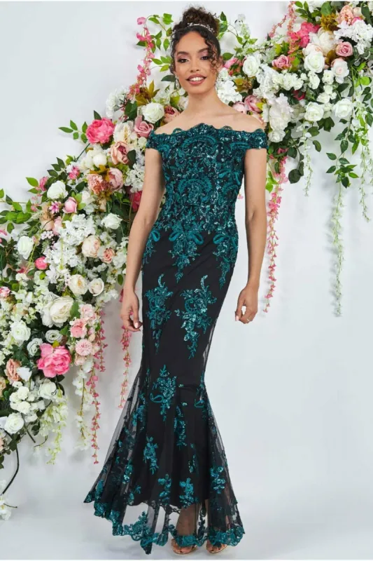 Goddiva Bardot Sequin Embroidered Maxi Dress - Emerald Green sold by Goddiva