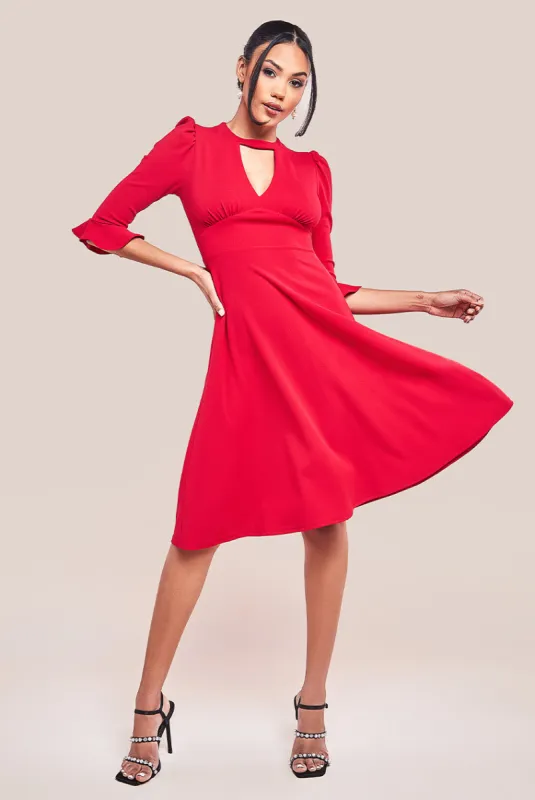 Flared Sleeve Midi Dress - Red by Goddiva sold by Goddiva
