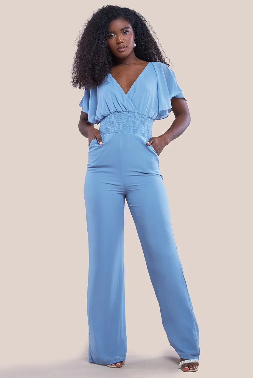 Chiffon Jumpsuit With Flutter Sleeves - Blue by Goddiva sold by Goddiva