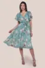 Goddiva Printed Lurex A-Line Flutter Sleeve Midi Dress - Airforce Blue sold by Goddiva